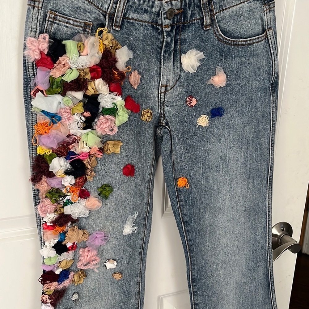 Custom Floral Embellished wide leg flare low rise J. Galt Shanghai Jeans small - Picture 2 of 11